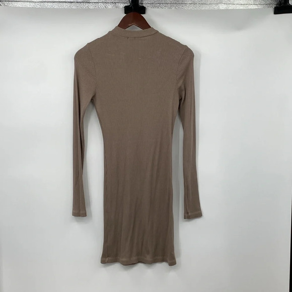 Monrow Rib Zip up Dress Womens Sz Small Tan Tencel Long Sleeves Bodycon Mini Zip - Picture 9 of 12